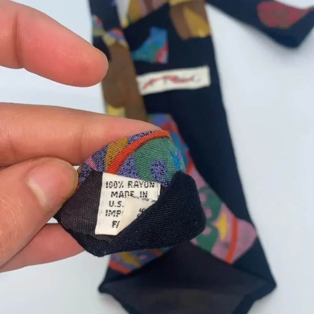 Fling Vintage Black Abstract Multicolored Print Men's Tie 100% Rayon